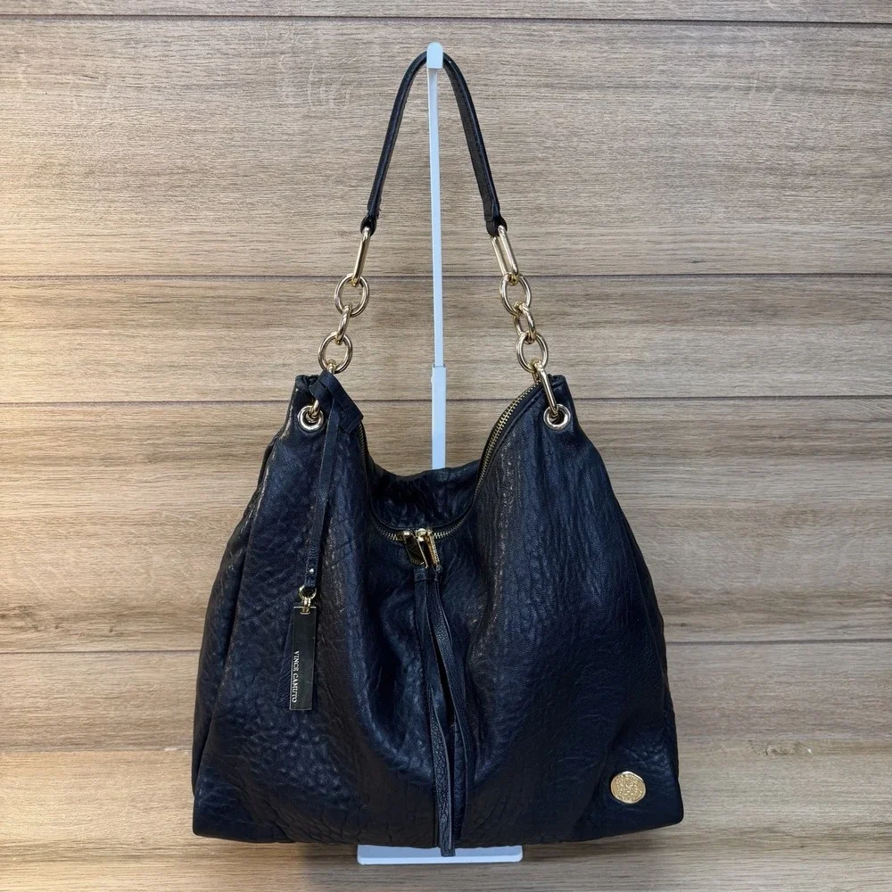 Vince Camuto Black Leather Hobo Bag Slouchy Shoulder Handbag Tumbled Crinkle